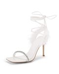 Coutgo Womens Strappy Lace up Heels Sandals Rhinestone Sexy Stiletto High Heel Party Wedding Dress Shoes, White, 10