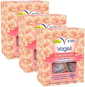 Vagisil Scentsitive Scents On-The-Go Feminine Cleansing Wipes, pH Balanced, Peach Blossom, Individually Wrapped, 16 Count (Pack of 3)