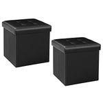 Bonlife Pack of 2 Black Folding Storage Ottoman Box,Footstool Faux Leather Storage Box with Lid,Toy Chest Cube Foot Rest Seat 32cm