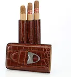 Cross Peak Products Brown Leather Cigar Case Holder with Cutter Set for 3 Cigars – Perfect Size for Men Shirt Pockets Golf Cart or Travel - Makes Great Gift with Black Gift Box Included