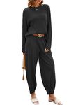 oten 2 Piece Outfits For Women Trendy Sweatsuit Lounge Sets Cozy Knit Sweater Long Sleeve Tracksuit Loungewear Set Black Medium