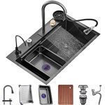 Single Bowl Waterfall Sink Stainless Steel Kitchen Sink Nano Coated Workstation Sink With Pull-Out Faucet And Cup Washer Full Set Of Accessories (Size : 75x45x22cm)