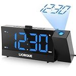 LIORQUE Projection Alarm Clocks for Bedroom Digital Clock with Radio 2 Alarms, 180° Rotatable Projector Brightness Volume 0-100% Dimmer, Snooze, USB Charger Digital Alarm Clock for Bedroom