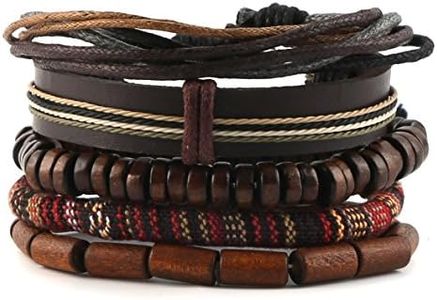 HZMAN Mix 5 Wrap Bracelets Men Women, Hemp Cords Wood Beads Ethnic Tribal Bracelets, Leather Wristbands