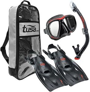 TUSA Sport Adult Powerview Mask, Dry Snorkel, and Fins Travel Set, Medium, Black/Red