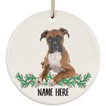 Funny Personalized Name White Red Boxer Dog Gifts 2024 Christmas Tree Ornaments Circle Ceramic