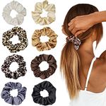 LIHELEI 8PCS Women Hair Scrunchies, Leopard Silk Satin Ponytail Holder, Solid Color Elastic Hair Bands Scrunchy Hair Ties Ropes for Women Girls Ladies