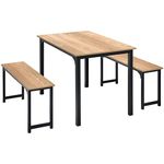 GiantexUK 3PCS Dining Table Furniture Set, 4-Person Wooden Bar Table with 2 Benches, Space-Saving Dinette Kitchen Table Set for Home, Living Room, Pub and Dining Room (Nature + Black)