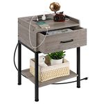 Nightstand, End Table with Charging Station 2-Tier Side Table with Drawer and Storage Shelf, Rustic Bedside Night Stand for Bedroom, Living Room, Easy Assembly, Rustic Grey