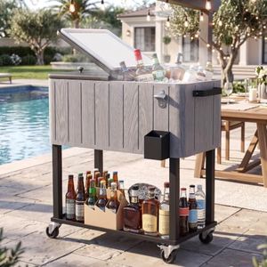 DWVO Ice Chest with Wheels,80 Quart Rolling Cooler with Bottle Opener Drainage, Patio Cooler Cart with Ice Scoop, Rolling Ice Chest with Handle for Patio Pool Deck Party BBQ Cookouts，Light Grey