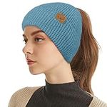 MIYING Ponytail Beanie Hat Women - Winter Warm Knitted Beanie Hats Ladies Maple Leaf Soft Stretch Cable Knit Hat Ribbed Ponytail Hat Messy High Bun Hat for Women Girls Blue