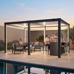 SUNJOY Louvred Pergola with Solar LED Lights, 3 x 4 m All-Weather Aluminium Hardtop Gazebo, Manual Crank Adjustable Roof, Integrated Drainage, Wind & Snow Resistant Outdoor Shelter