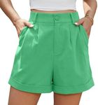 Jouica Women Shorts Summer Clothes Linen Blend Beach Roll Up Pleated Zippered Wrap Cute Shorts for Women Cotton Shorts Women,Bright Green,Small