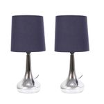 Pair - Silver Chrome Teardrop Touch Dimmer Table Lamps with Navy Blue Shade for Bedside Table Bedroom Light