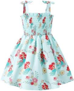 Disney Princess Ariel Girls Dress Bow Tie Straps Floral Casual Summer Clothes Smocking Beach Holiday Girls Sundress Green Size 8-9