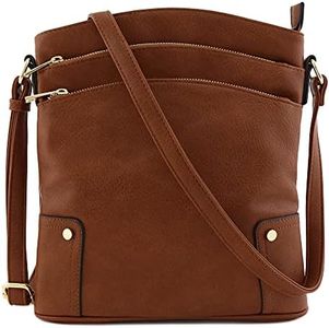 ALYSSA Triple Zip Pocket Large Crossbody Bag, Brown, One Size