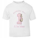 Girl?s Peter The Rabbit Personalised 1st Birthday T-Shirt (Cake Smash). (White)