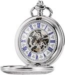 TREEWETO Men's Steampunk Skeleton Mechanical Silver Fob Retro Pocket Watch