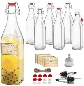6 Pack [1 Liter / 33 fl. oz.] Square Swing Top Glass Bottles – Premium Airtight Flip Top Bottles for Brewing Kombucha, Beer, Wine, Soda – Bonus Funnel, 2 Pourers, 6 Seals, 8 Labels & Jute Twine