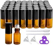 50 PCS 3ml Amber Glass Roller Bottle,Essential Oil Sample Vials with Stainless Steel Roller Ball,Black Caps,for Travel Perfume Cosmetics Small Container(2 Funnels, 2 Dropper, 1 Opener) (3ml)