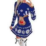 Xmiral Christmas Dress Women Santa Claus Printing Long Sleeve Round Neck Body Con Party Evening Mini Dress(c-Blue,M)