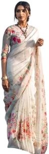 C J Enterprise Women’s Pure Linen Cotton Banarasi Soft Silk Saree With Blouse Piece For Wedding (FlowerJaal) (White), White, One size