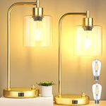 CNXIN 16.5" Gold Industrial Table Lamps Set of 2 for Bedroom, Stepless Dimmable Bedside Nightstand Lamps with Glass Shade 2 USB Ports, Modern Living Room End Table Lamps, Bulbs Included