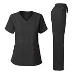 Dagacci Medical Uniform Women's Scrubs Set Stretch Ultra Soft V-Neck Top and Pants Black XS