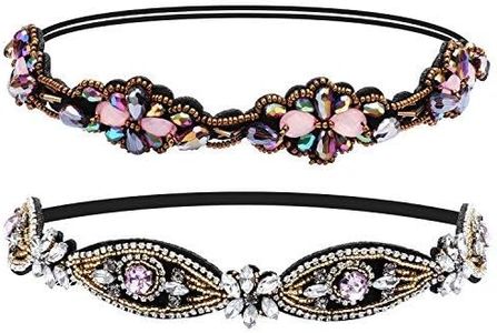 Amariver 2 Pieces Rhinestone Beaded Elastic Headband，Fashion Headbands Handmade Hair Bands Hair Accessories for Lady Woman 20-25" Fits for Most