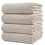 POLYTE Microfiber Oversize Quick Dry Lint Free Bath Towel, 60 x 30 in, 4 Pack (Beige, Waffle Weave)