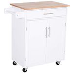 HOMCOM Rolling Kitchen Island Cart with Wood Top, Enough Storage Drawer Space with Towel Bar Rack Shelves, Portable Kitchen Utility Serving Cart Trolley on Wheels (White)