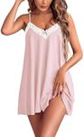 Ekouaer Stretchy Nightgowns for Women Lace Sleep Dress Sleepshirts Spaghetti Strap Casual Nightwear Pink XL