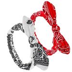 Prasacco 2 Pieces Bandana Headband for Women and Girls, Knot Retro Print Headbands Elastic Headband Adjustable Headwrap Rabbit Ear Hairband Hair Accessories for Girls and Women (Red, White)