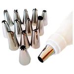 Lexazo 12 Piece Cake Decorating Set Frosting Icing Piping Bag Tips with Steel Nozzles. Reusable & Washable Silicon Bag 31 * 17.5 cm