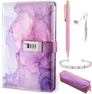 Diary with Lock for Girls, A5 Secret Diary for Girls Teenager Age 6-14, Birthday Gifts for Girls 7 8 9 10 11 12 13 Year Old, Leather Password Locked Journals with Pen Pencil Case(Purple)