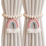 2PCS Curtain Tie Backs, Curtain Tiebacks with Rainbow Tassel Pendant, Wooden Beaded Tie Backs for Curtains, No Punching Curtain Holdbacks Window Treatment for Bedroom Nursery Farmhouse Boho Decor