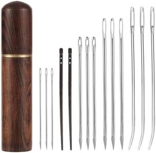 15pcs Leather Sewing Needles Kit, Large Eye Hand Stitching Needle Steel Bent Tapestry Needle Heavy Duty Leather Lacing Needle with Wooden Case for DIY Craft Sofa Bag Repair Projects