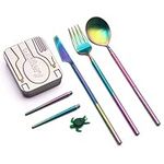 Outlery Full Set | Portable & Reusable Stainless Steel Travel Cutlery Set and Reusable Chopsticks with Case for Camping, Picnic, Office and On-The-Go (Pocket Sized Flatware Set) (Rainbow)