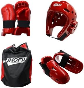 JHOFIF Martial Arts Karate Protective Sparring Gear Package Deal/Gift Adjustable Adults & Kids Headgear, UZJ Gloves & Kicks for MMA, Taekwondo, Boxing Training (Red, X-Large)