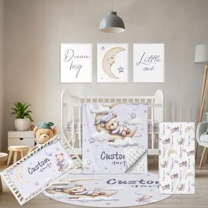 Terwex Personalized Crib Bedding Set, 5 Pcs Custom Nursery Bedding Sets with Name, Purple Bear Infant Bedding Set for Baby Girl Boy, Double Layer Baby Crib Set, Babies Toddlers Kids Customized Gifts