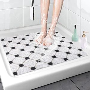 Shower Mat Non Slip: 60x60 cm Square Shower Mats with Drain Holes - Soft PVC Loofah Bathtub Mat for Kids and Elderly - Quick Drying Bath Matt for Shower Stall