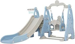 Keezi Kids Slide Swing Set with Basketball Hoop, 3 in 1 Climbing Frame Cubby House Toddler Fold Up Cardboard Slides Playground Outdoor Indoor Activity Sports Center Gym, Ball Pump Blue