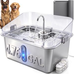 4.76 Gal/18L XL Dog Water Fountain with Splash Guard for Large Dogs, Silver | No Spill Dog Water Bowl Dispenser, Extra-Large Capacity, Stainless Steel, Visible Window, Quiet Pump, Silicone Mat& 3 Filters
