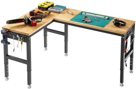 SPECRAFT 68"x48" L-Shaped Workbench with Power Strip, Adjustable Height Heavy Duty Work Table with Pegboard, 6000LBS Load Capacity, Industrial Wood Top Workstation for Garage, Workshop, Home Office