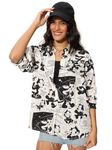 The Souled Store Felix The Cat: Feline Fun Women and Girls Long Sleeves Collared Neck Button Front White and Black All Over Printed Viscose Boyfriend Shirts