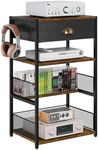 Hongtamoya 4-Tier AV Media Stand with Drawer, Video Game Console Shelf with 2 Hooks, Audio Rack Tower Perfect for/Xbox/ PS5/Switch/Game Consoles/DVD/Record Player/Projector/Sky Box/TV Accessories