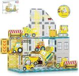 PicassoTiles Magnet Tiles Magnetic Building Blocks with 8 Construction Vehicles Crank Truck Excavator Bulldozer Road Roller Concrete Mixer Tractor Dump Truck Forklift Toys Learning Kids Ages 3+ PTQ11