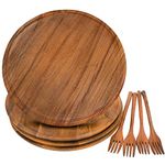 Originalidad Wooden Plates, Wood Dinner Plates with Forks, Reusable Handmade Natural Wood Flatware Set for Cooking, Eating, Housewarming, Christmas Gift (Set of 4, Large 11" x 11")