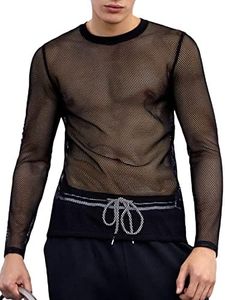 Verdusa Men's Fishnet See Through Shirt Long Sleeve Muscle Undershirts Top Tee Black XL