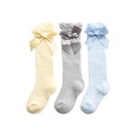 SYGA 3 Pairs Baby Mesh Nylon Bow Socks Set, Over-the-Knee Length, Suitable for Ages 0-3 Years (Yellow, Grey, Blue)